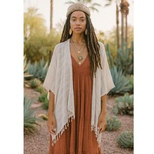 Jaded Gypsy Cream Open Front Textured‎ Cotton Kimono Duster New